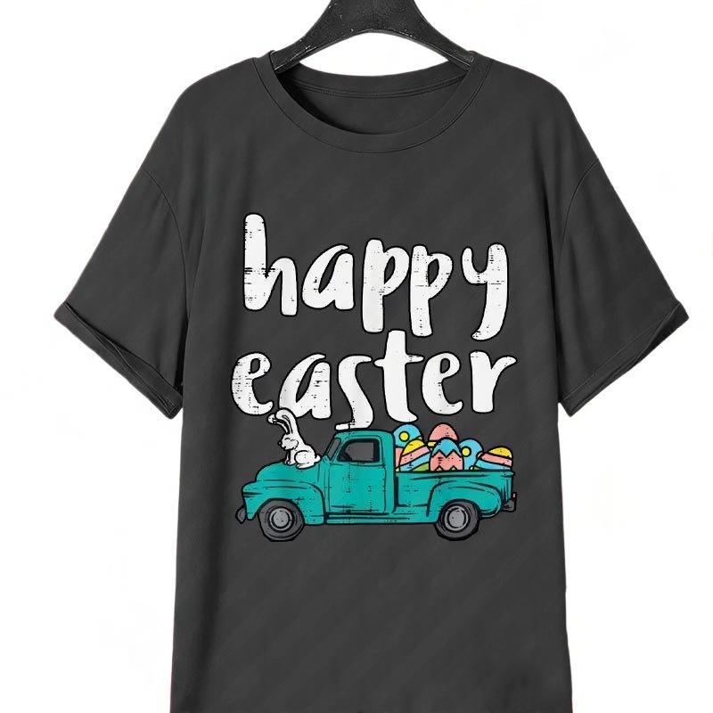 Happy Easter Retro Pattern Tshirt 2026 Summer Unisexs Womens Loose Bunny in Pickup Colorful Egg Tshirt Easter Festival Clothing
