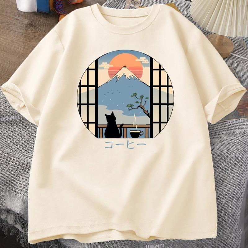 Coffee Cat in Mt Fuji Tshirt Men Women Round Neck Short Sleeve Tshirt Japanese Style Printed TShirt Cotton Oversized Tops