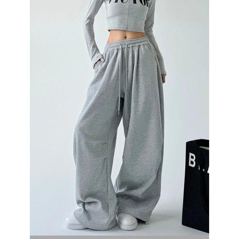 

European and American New Fashion Casual Loose Elastic Waist Wide Leg Pants Loose Lace up Wide Leg Pants Light gray S