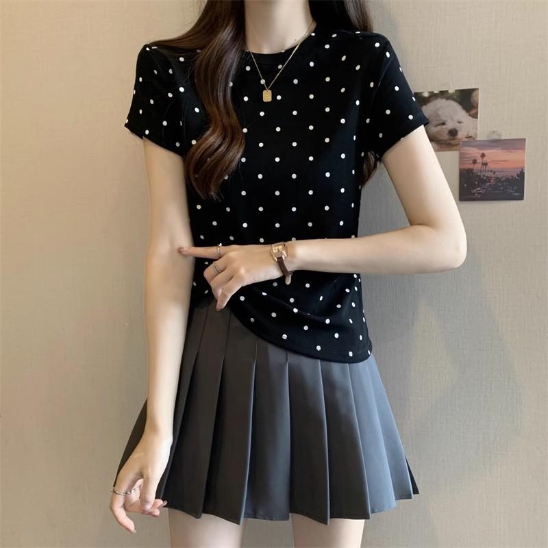 New Arrival Summer Clothing Style Short-sleeved Slim Sweet T-shirt for Girls with Straight Shoulders Slim-fit Slim Design Polka Dot Top