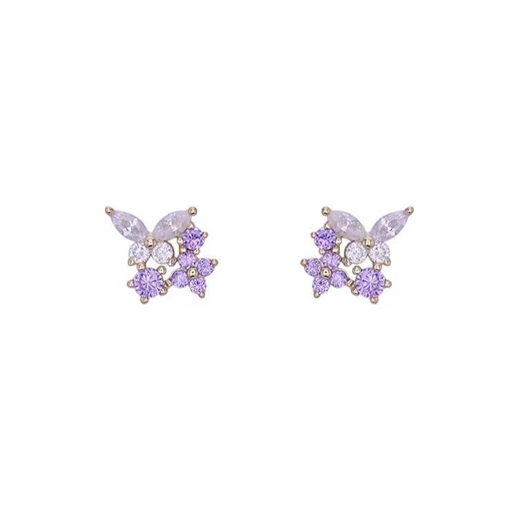 Lavendel Schmetterling Ohrringe: 14 Karat Gold und S925 Sterlingsilber, exquisites leichtes Luxus-Nischendesign.
