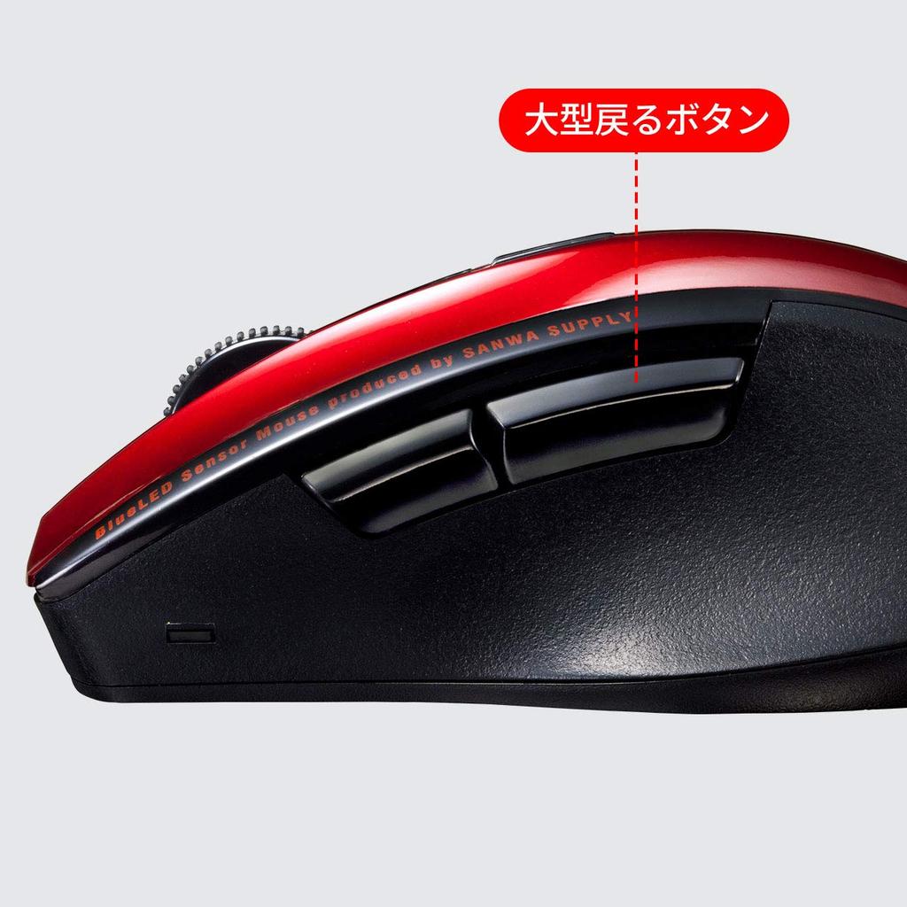 Sanwa Supply Bluetooth Mouse, Quiet, Blue LED, 5 Buttons (Back and Forward), Medium Size, Red, MA-BTBL167R