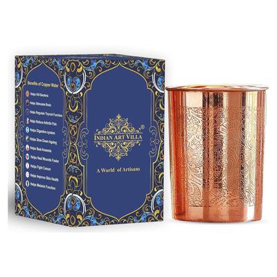 Pure Copper Plain Glass with Embossed Design, Drinking Serving Water, Yoga Ayurveda, Volume-300 Ml