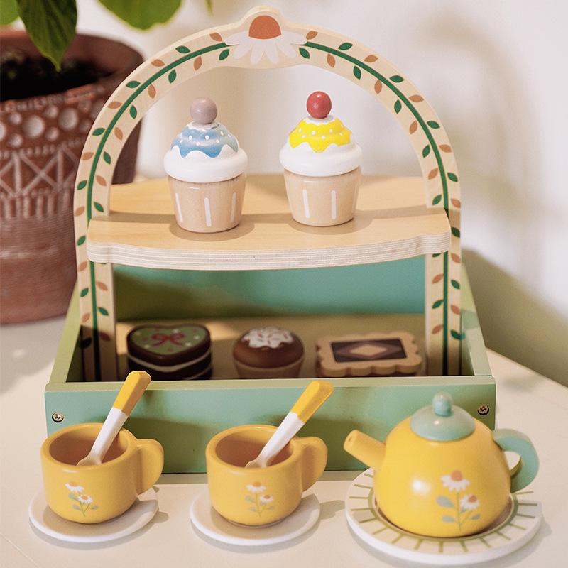 

Children s simulation play house afternoon tea set dining kitchen wooden double layer portable dessert cake stand educational toys