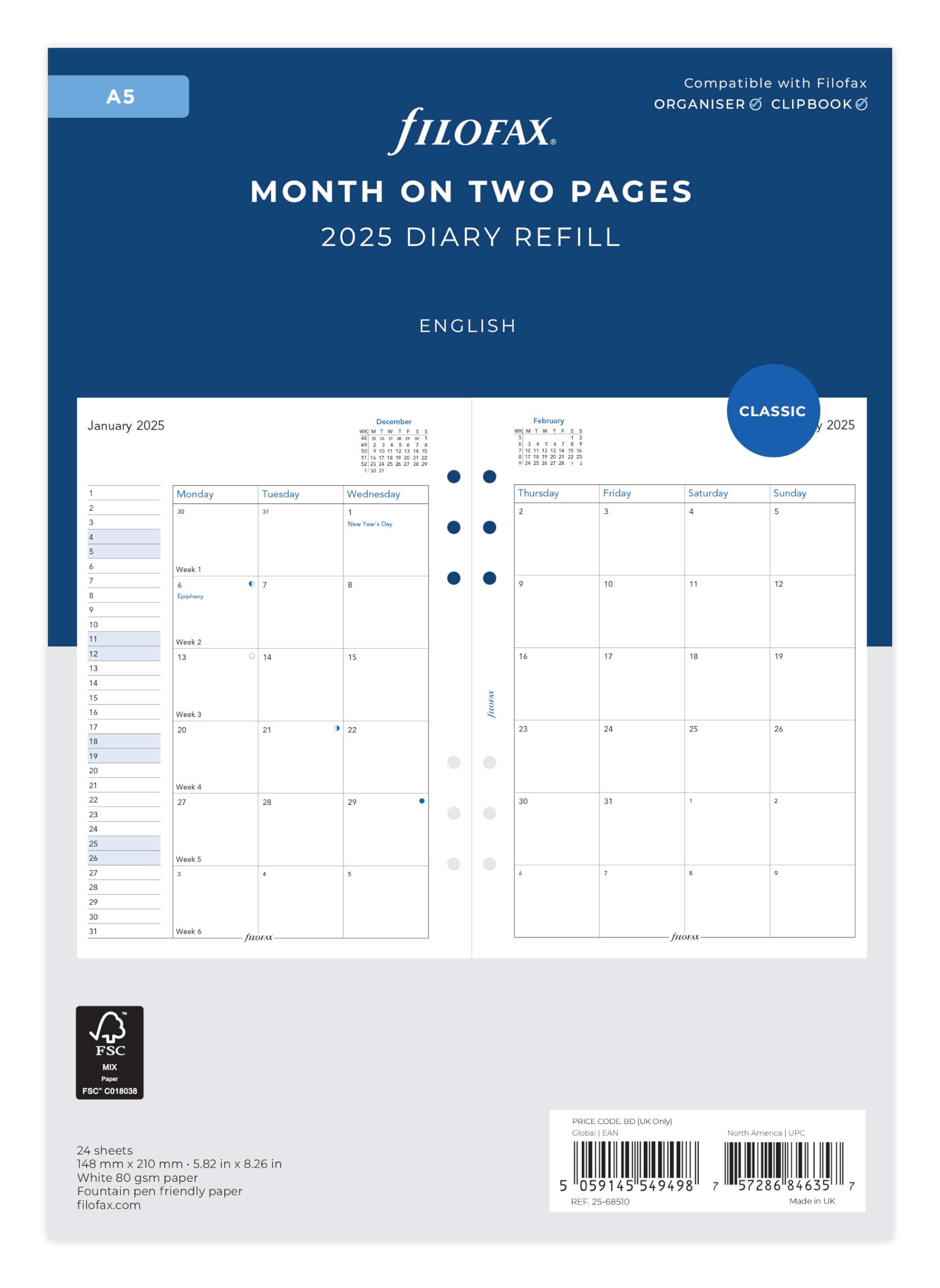 

Filofax 2025 Сменный блок для системы планирования, A5, Месячный, Белый, Начало в январе, 25-68510, Официально импортирован