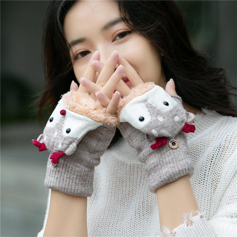 Children's Winter Cartoon Reindeer Flip-Top Half-Finger Gloves, Ages 4-10, Boys & Girls, Plus Velvet, Thick Cotton, Warm.