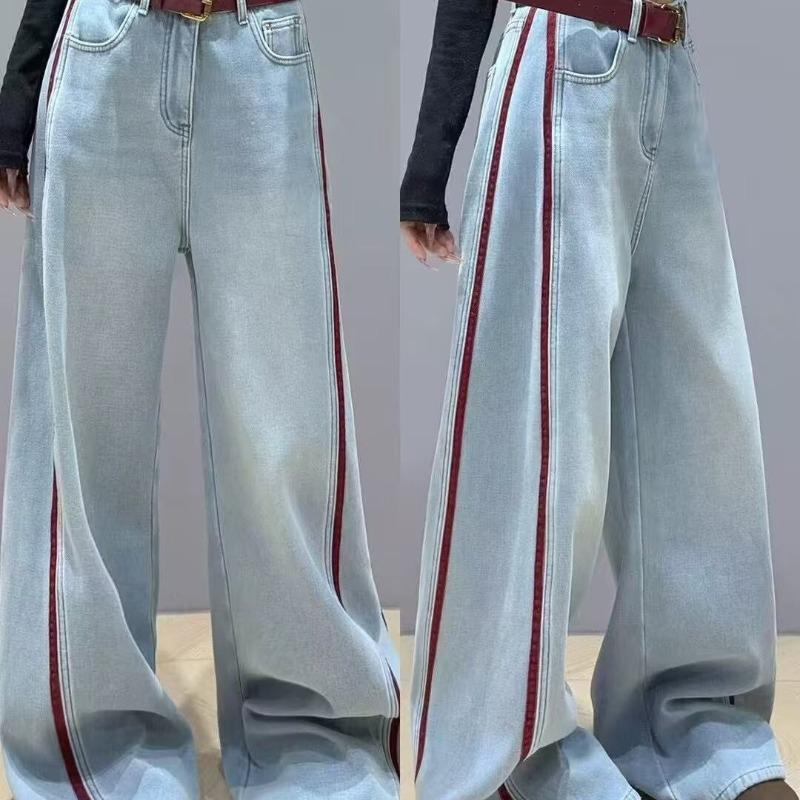 Women s Retro High-Waist Two-Stripe Wide-Leg Jeans - Spring Loose Fit Floor-Length Pants M синий