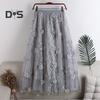 Women Midi Skirt Elastic High Waist Floral Embroidery Print Mesh Skirt Double Layered Tulle Large Hem A-Line Skirt