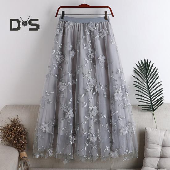 Women Midi Skirt Elastic High Waist Floral Embroidery Print Mesh Skirt Double Layered Tulle Large Hem A-Line Skirt