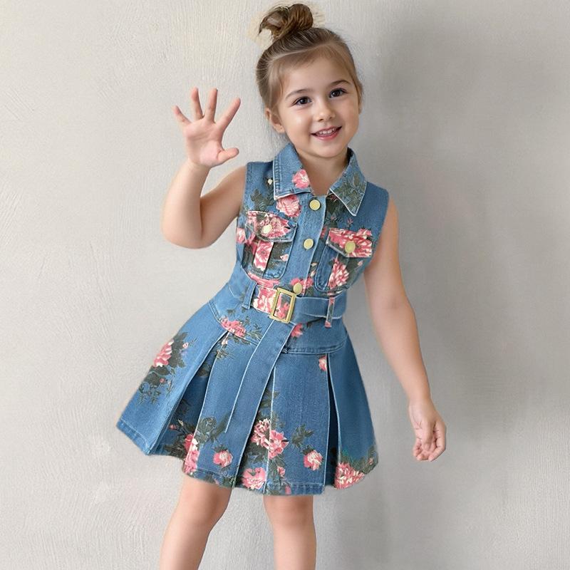 Girls  Sleeveless Denim Dress: Summer Kids  Fashion Floral Print Denim Dress 100cm