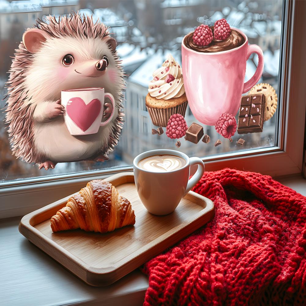 Cute Hedgehog Dessert Coffee Cup Kitchen Dining Room Home Background Beautification Wall Stickers