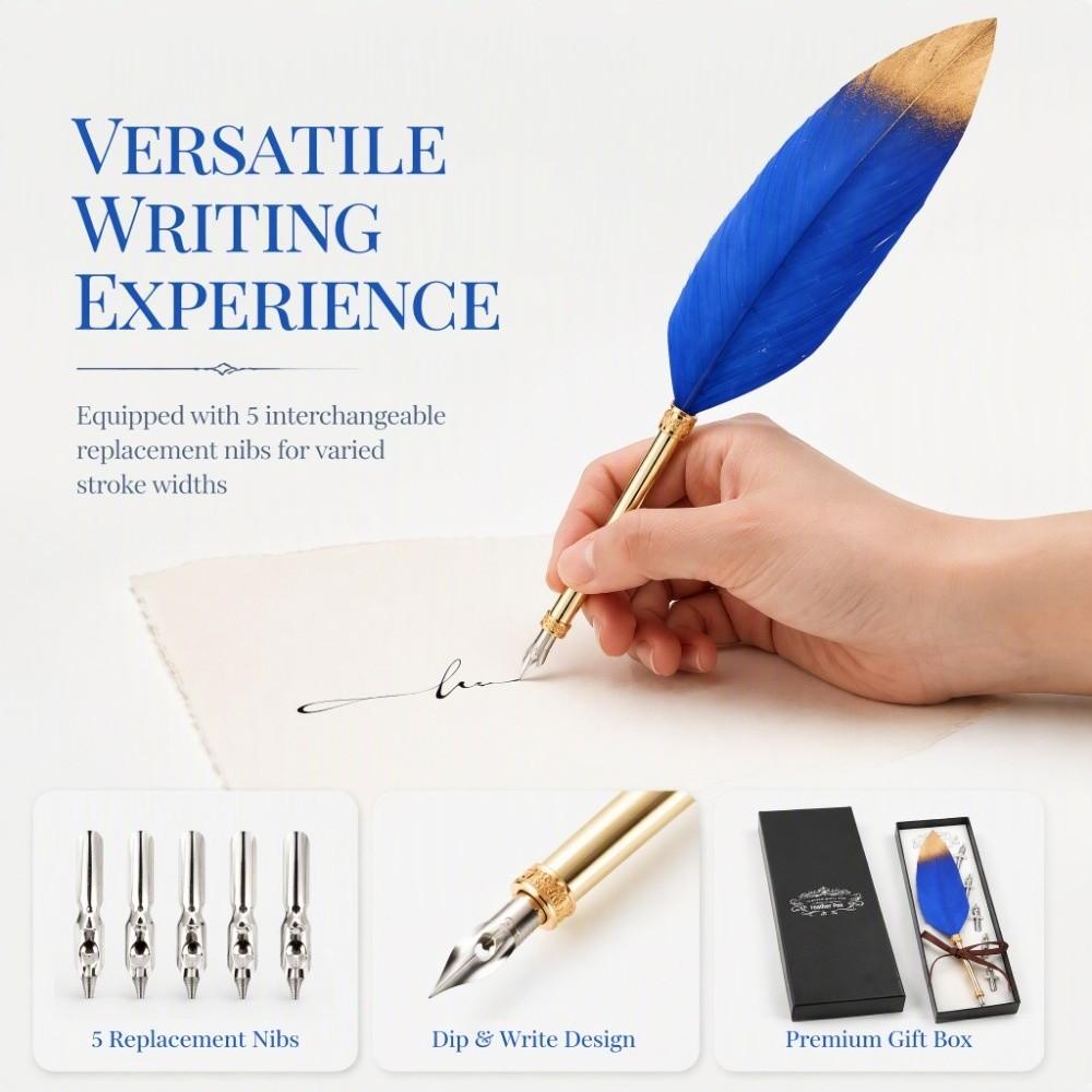 24cm/9.4in Calligraphic Pen Set Blue Dip Pen Set Replacement Feather Pen Kit Calligraphy Practice
