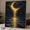 Unique 5D Framed Pearl Painting Kit with Golden Crescent Moon Night Sea Pattern Sparkling Bead Art Canvas DIY Handmade Craft for Living Room Decor