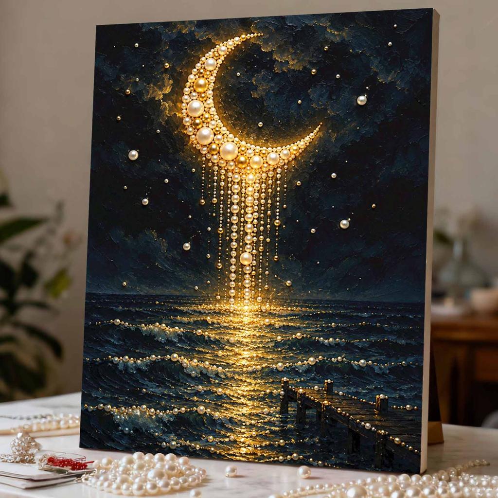 Unique 5D Framed Pearl Painting Kit with Golden Crescent Moon Night Sea Pattern Sparkling Bead Art Canvas DIY Handmade Craft for Living Room Decor