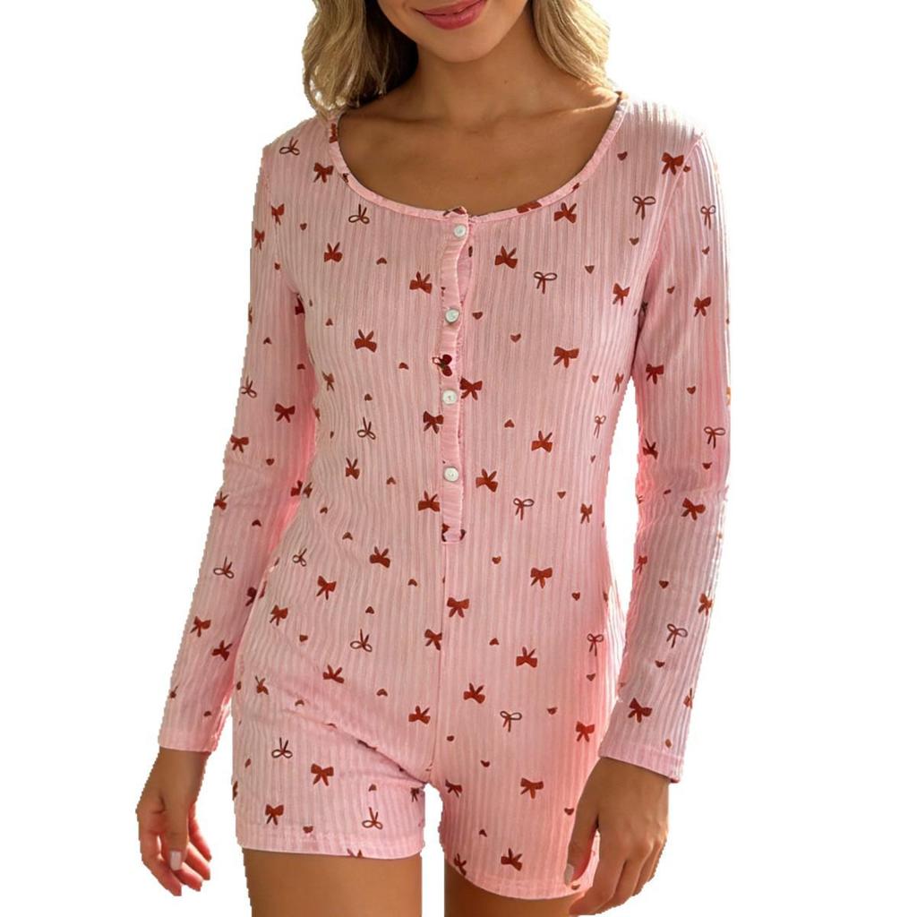 Women's Long-Sleeve Printed One-Piece Pajamas - Round Neck, Button Front, Stylish, Lightweight, Comfortable, Skin-Friendly Fabric.