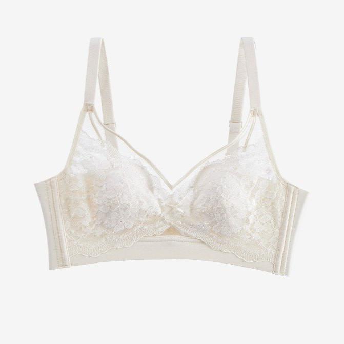 French Lace Rabbit Ear Cup Wireless Bra, Ultra-Thin Summer Bust Minimizer Side Gathering Women Bra M