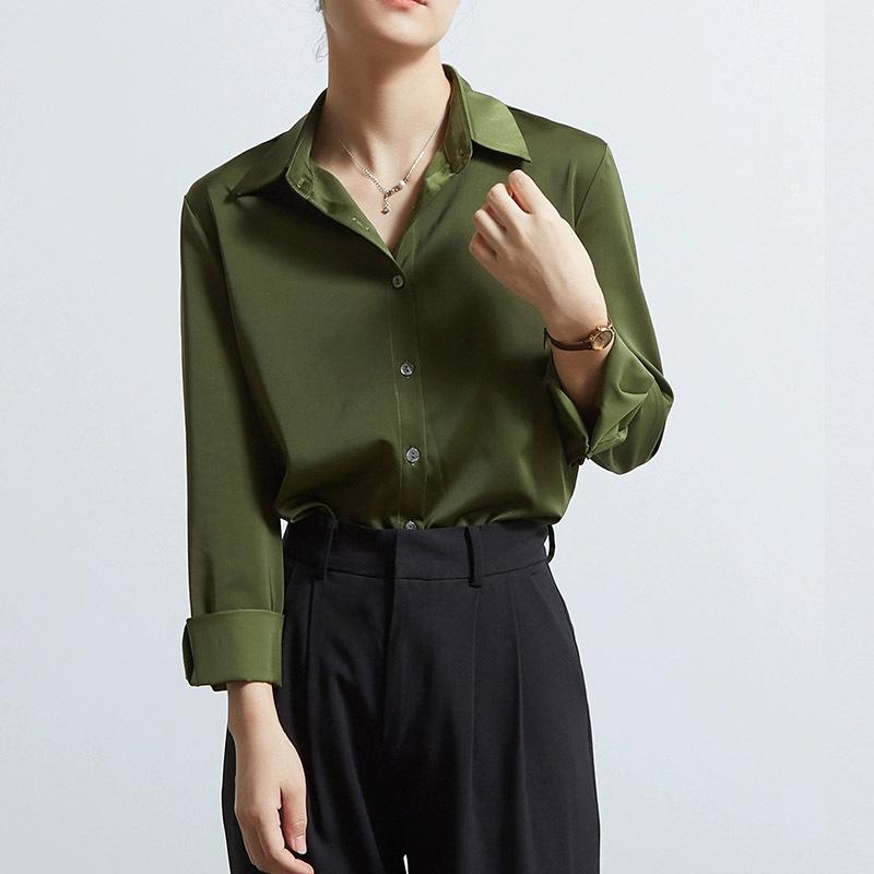 Women's Acetate Satin Long Sleeve Shirt - 2025 Spring & Autumn Petite Collection, French-Inspired High-End Design