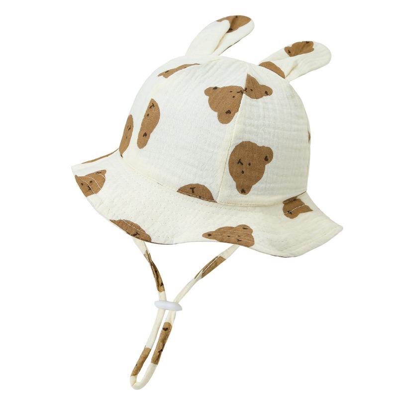 New Baby Gauze Basin Hat Baby Pleated Printed Bucket Hat Rabbit Ear Sun Hat 3-12M
