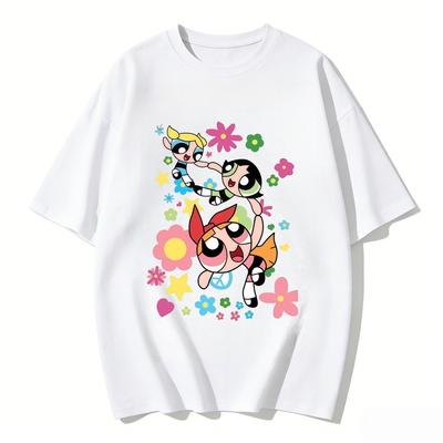 2026 Summer Cute Powerpuff Girls Family Matching T Shirts Cartoon Print Cotton Tees Casual Short Sleeve Tops for Kids and Adults