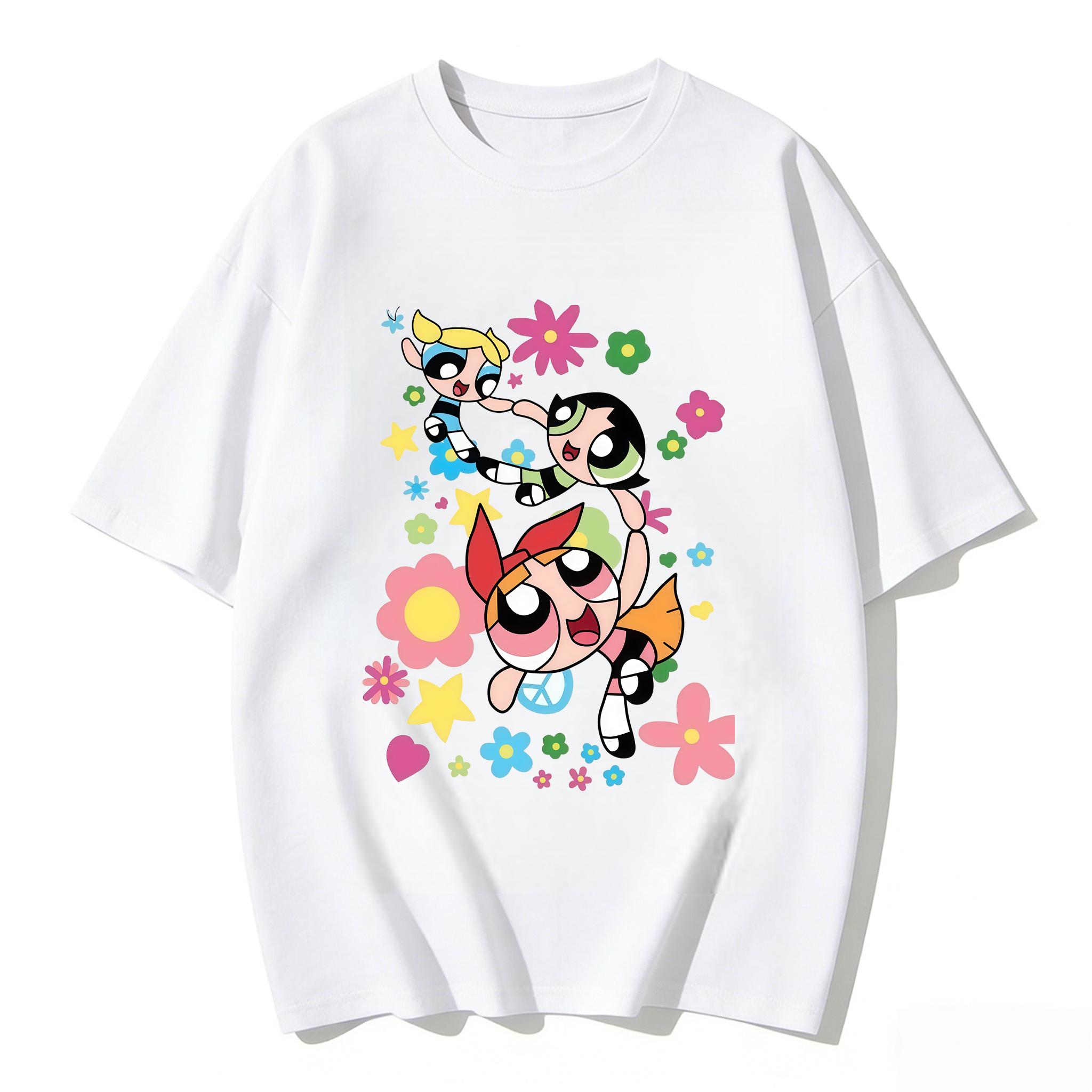 

2026 Summer Cute Powerpuff Girls Family Matching T Shirts Cartoon Print Cotton Tees Casual Short Sleeve Tops for Kids and Adults 4XL