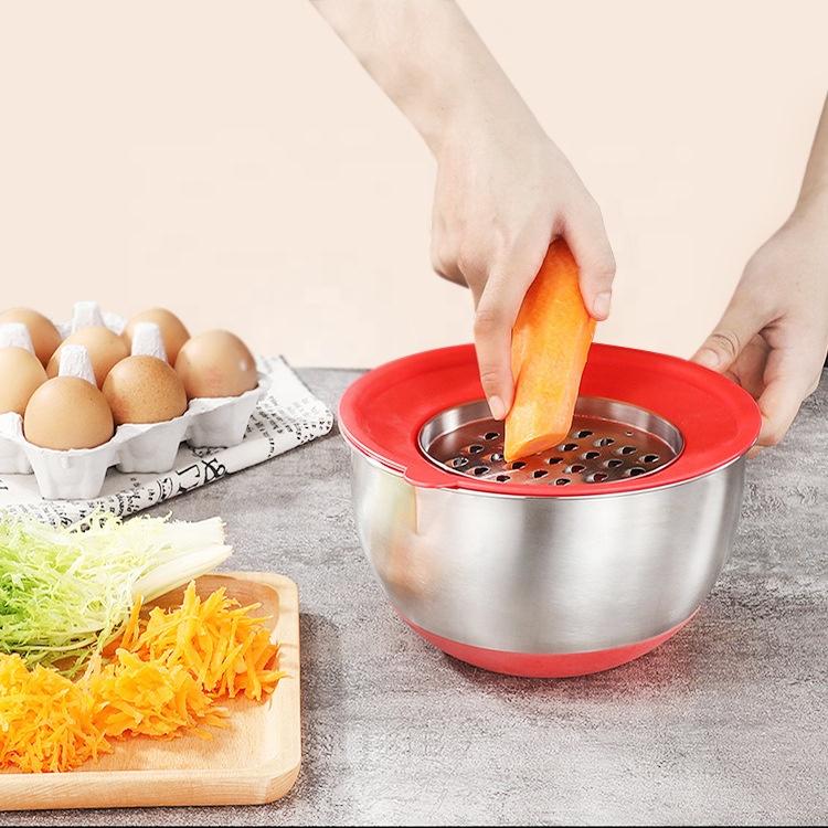Kitchen Food Storage Nesting Bowls Silicone Bottom Airtight Lids Stainless Steel Salad Mixing Bowl With Handle Slicer