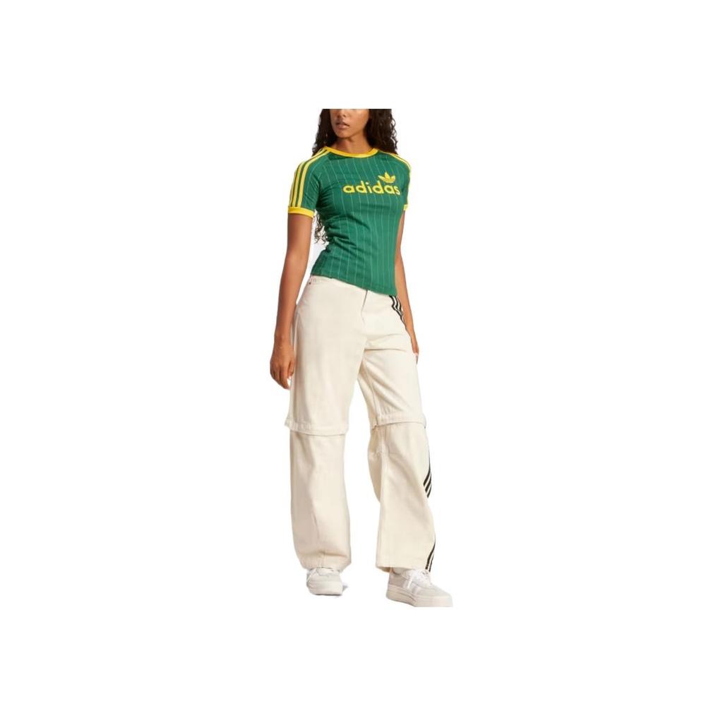 Adidas Originals Round Neck Striped Comfortable Casual Short Sleeve Raglan T-Shirt Women T-Shirts Academy-Green Gray-White JC7703