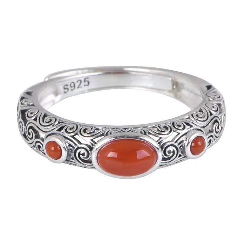 Chinese Retro Openwork Ring with Southern Red Agate