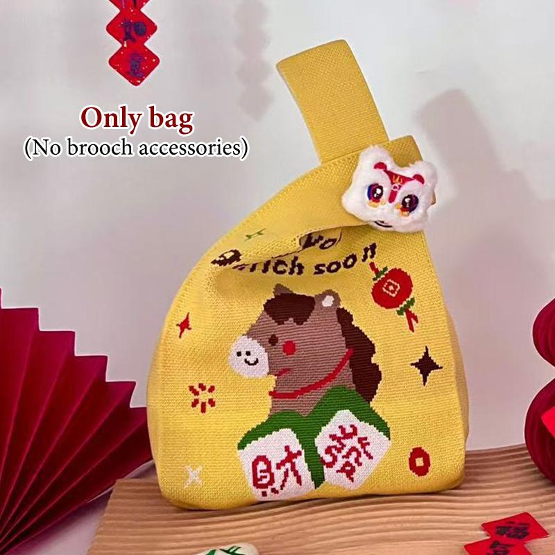 2026 New Year Cartoon Mascot Pony Knitted Gift Bag Handheld Candy Bag Large Capacity Knot Wrist Bag Cute Reusable Shopping Bags