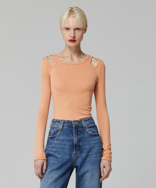 Lady Volume Shoulder Slit Slim T-Shirt_Orange Orange/S