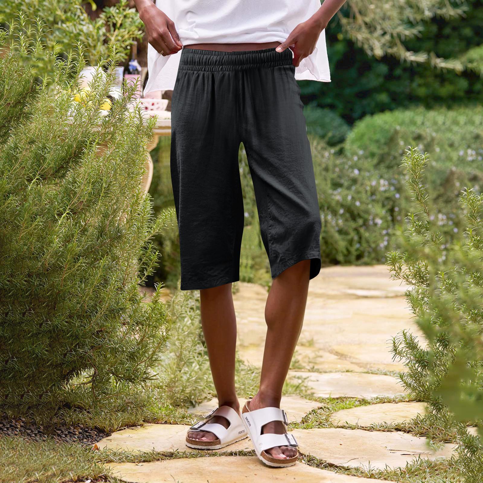 

Женские однотонные повседневные брюки с высокой талией, спортивные брюки, шорты 1/2 XL чёрный