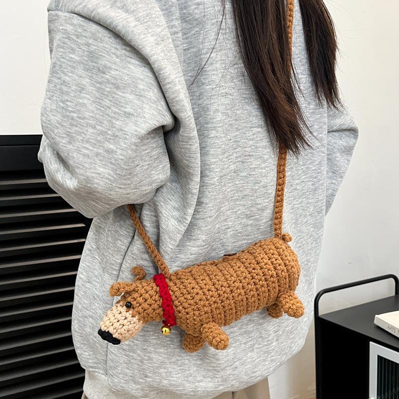 Schoolbag Women's Dark Brown Japanese Cartoon Cute Dachshund Knitted Bag Spring New Exquisite Finished Shoulder Messenger Bag