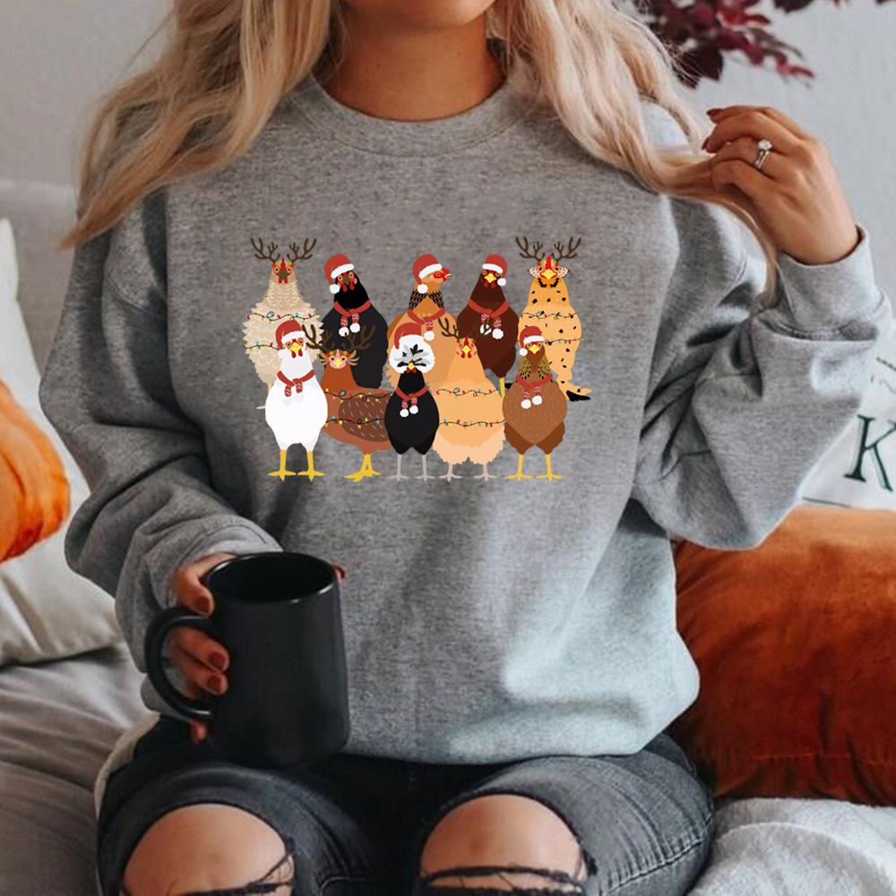 Christmas Chickens Sweatshirt Christmas Farm Animals Sweatshirts Women's Christmas Chicken Sweatshirt Long Sleeve Pullover