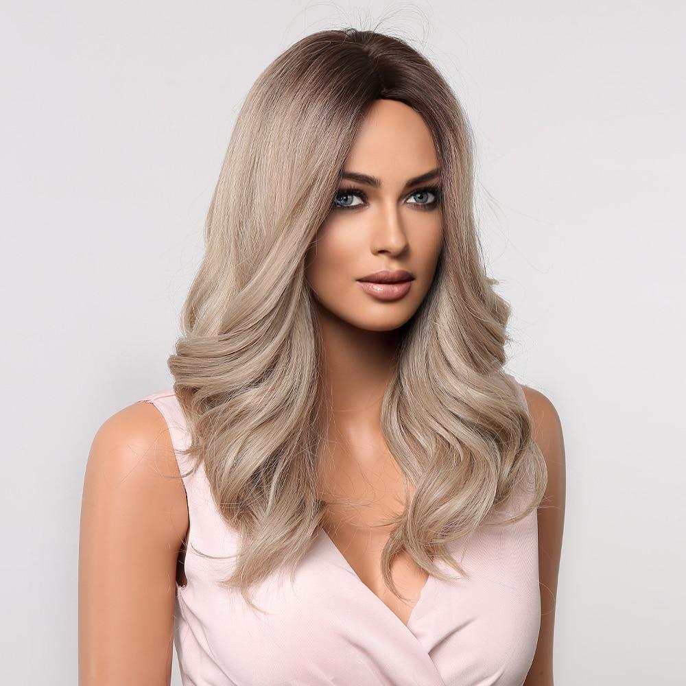 ALAN EATON Medium Long Water Wave Ombre Brown Blonde Synthetic Wigs Natural Middle Part Heat Resistant Hair Wigs for Black Women