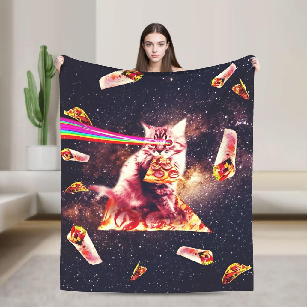 Pizza Cat Space Galaxy Flying Knitted Blanket Funny Wool Throw Blanket Home Couch Decoration Thin Bedspread Portable
