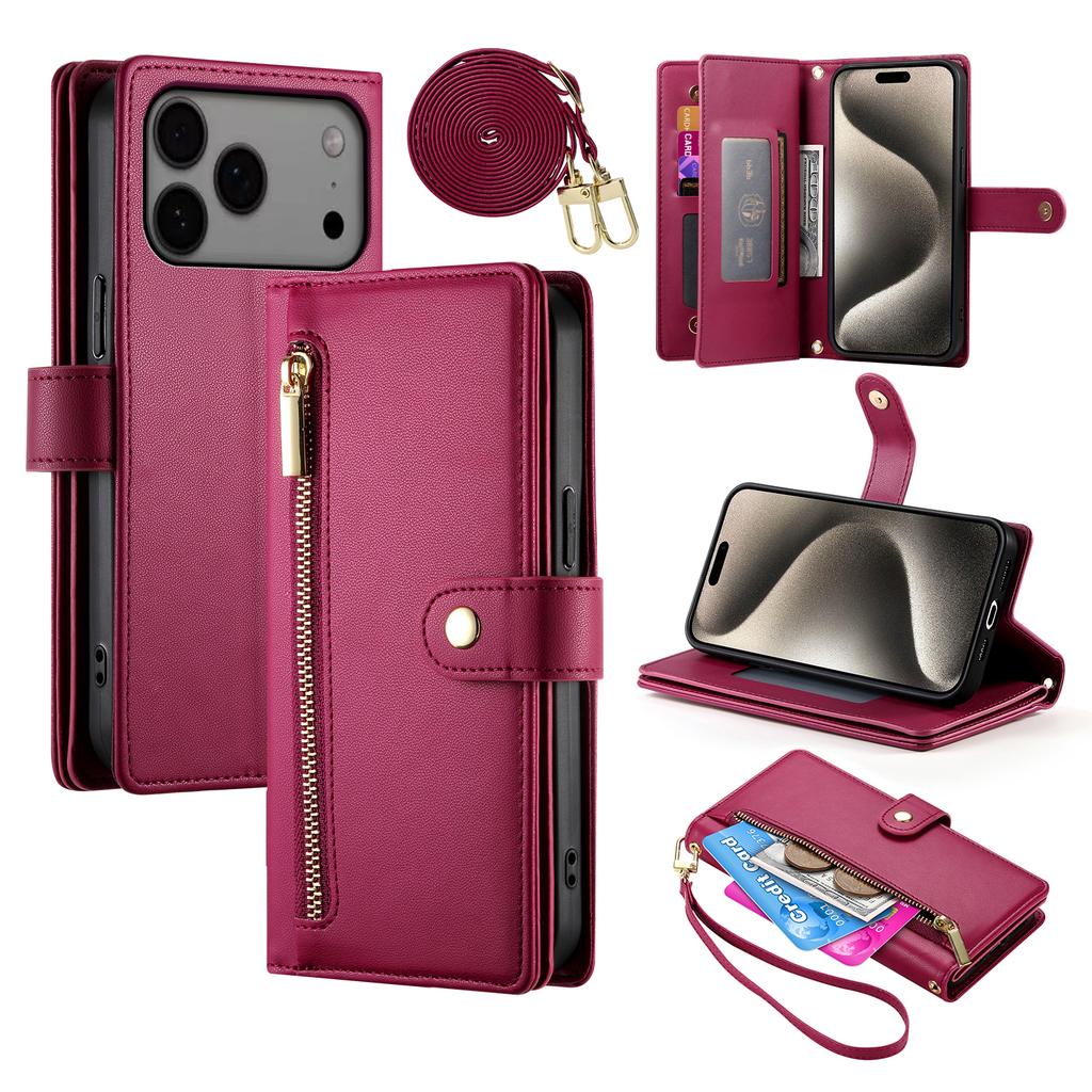 For iPhone 17 Pro Max Case Zipper Pocket Wallet Leather Phone Cover with Straps