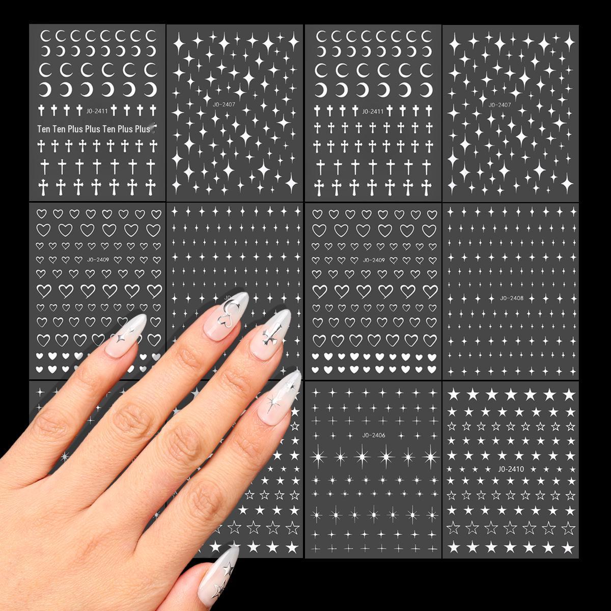 12-Sheet Embossed Silver Nail Art Stickers DIY Press-On Decals