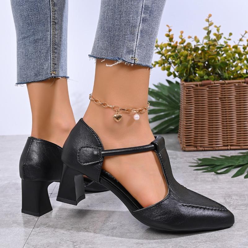 Women's High Heels Shoes Narrow Band T-strap Thick Med Heel Elegant Ladies Daily Slim Dress Pointed Toed Women Single Shoes