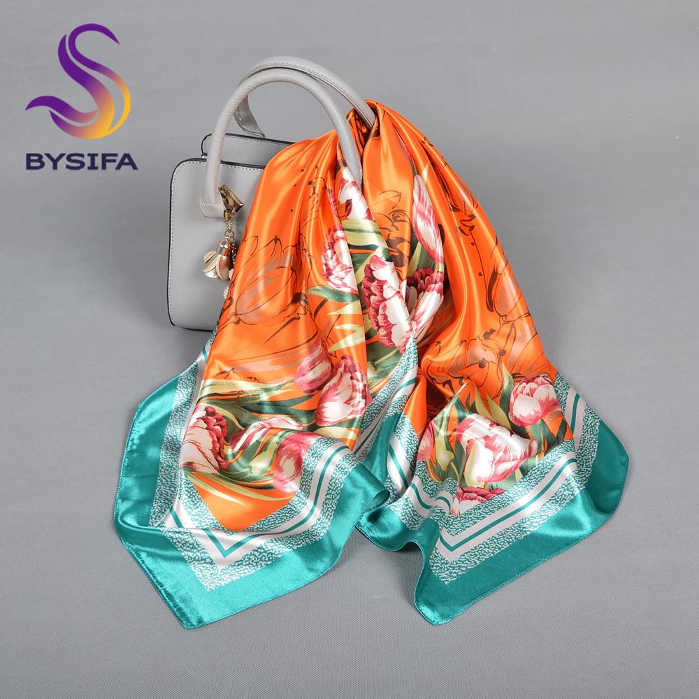 BYSIFA| Blue Floral Silk Scarf Hijab Ladies Fashion Sweet Square Spring Summer Scarves Fouldard Fall Winter Square Satin Scarves