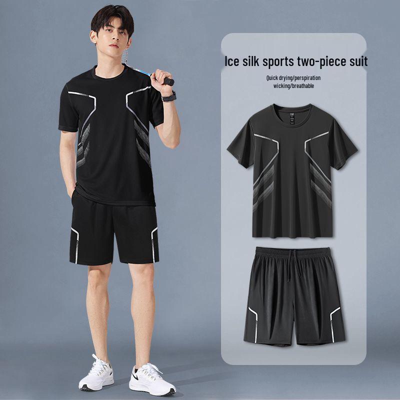 Men's Ice Silk Quick-Dry Fitness T-Shirt & Shorts Set - Short Sleeve Sportswear for Summer, Ideal for Basketball, Running, and Training.