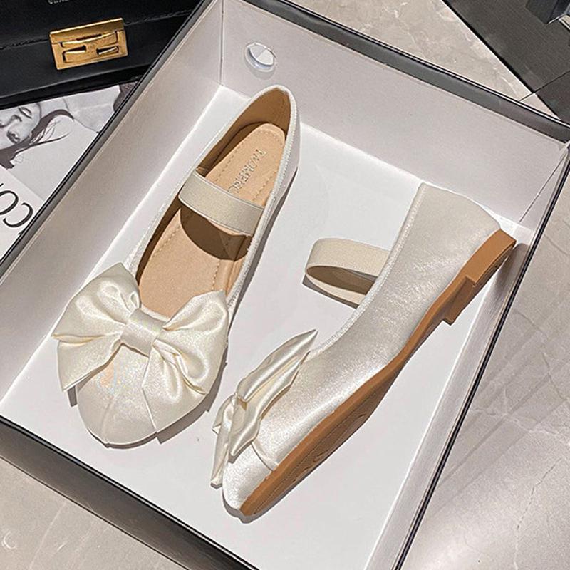 2024 Women's Butterfly-knot Ballets Silk Mary Janes Femme Elastic Band Flats Cozy Round Toe Loafers Ladies Brides Shoes Wedding