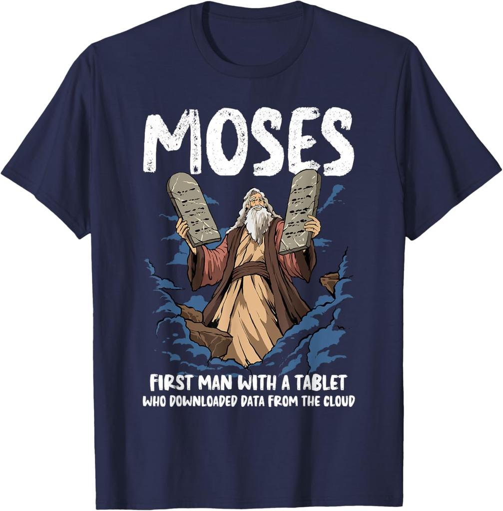 Women's Funny Moses T-Shirt Christian Humor Bible Gospel Data Cloud Print Unisex Cotton Summer Top Cool Breathable Casual Shirt
