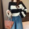 Imitation mink splicing striped contrasting color knitted sweater women's clothing autumn new soft waxy design sense retro loose sweater women