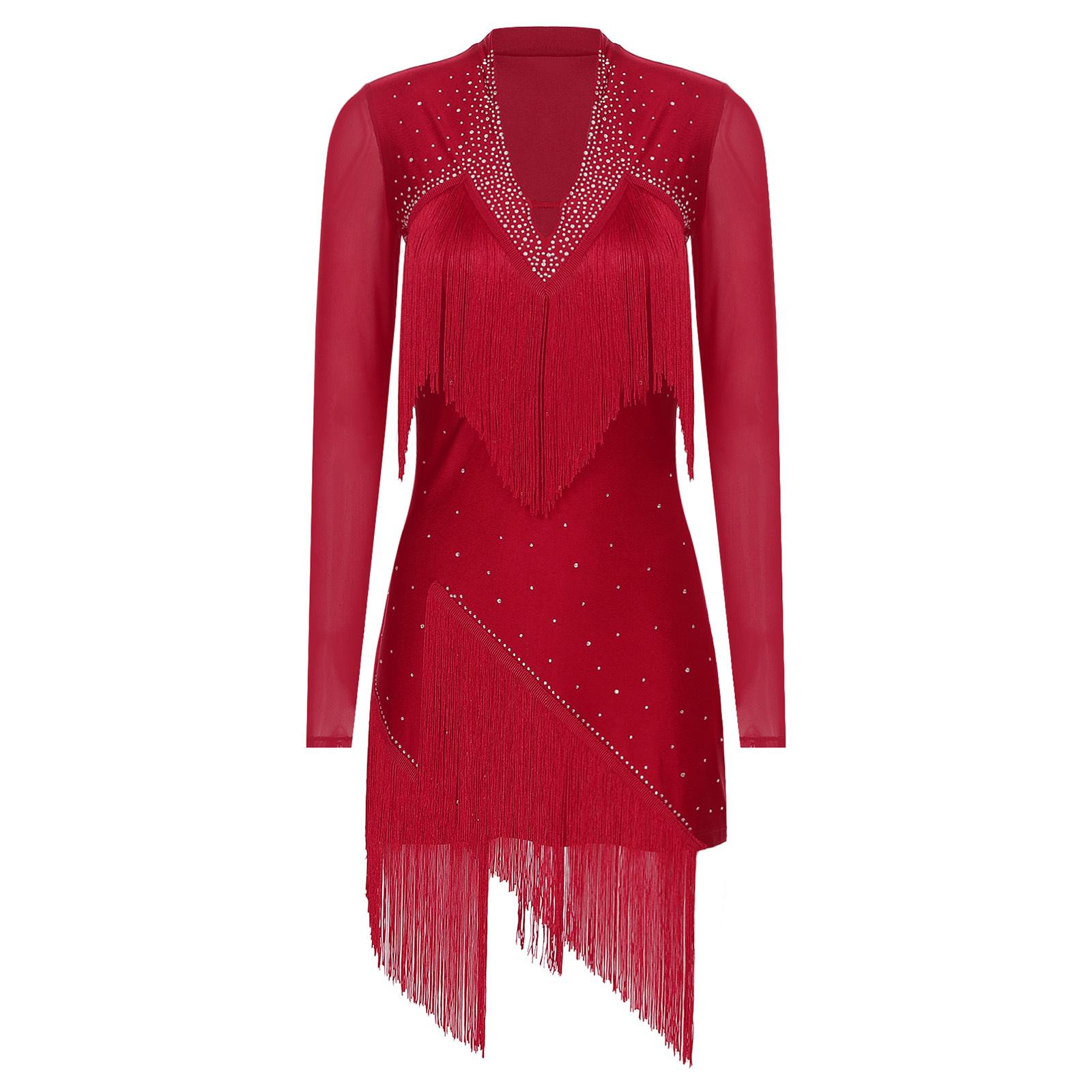 

Жіноча латиноамериканська танцювальна сукня з V-подібним вирізом та довгим рукавом, блискуча бахрома зі стразами, костюм для виступів танго, румба, ча-ча-ча XL