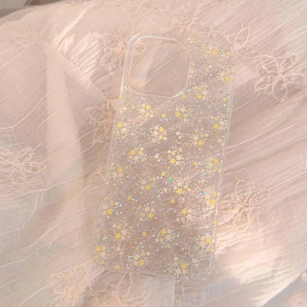 Warm Yellow Floral Case Suitable for Apple 16 Pro Max, Fresh and Beautiful for iPhone 14, Glittery and Transparent for iPhone 11