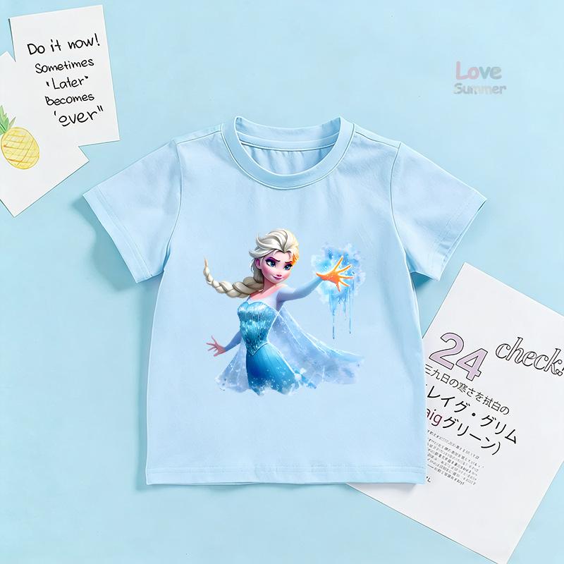 Frozen Elsa Princess Ariel Rapunzel Girls summer short sleeve little girls 3-14Years Birthday Kids T shirt Baby Children gifts