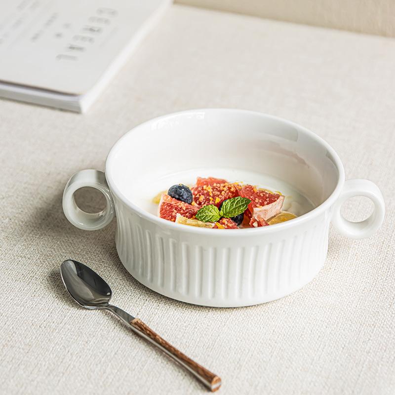 High Value Ceramic Characteristic Relief Binaural Bowl Solid Color Tableware Bowl Household Soup Bowl Yogurt Dessert Bowl Vegetable Bowl Noodle Bowl