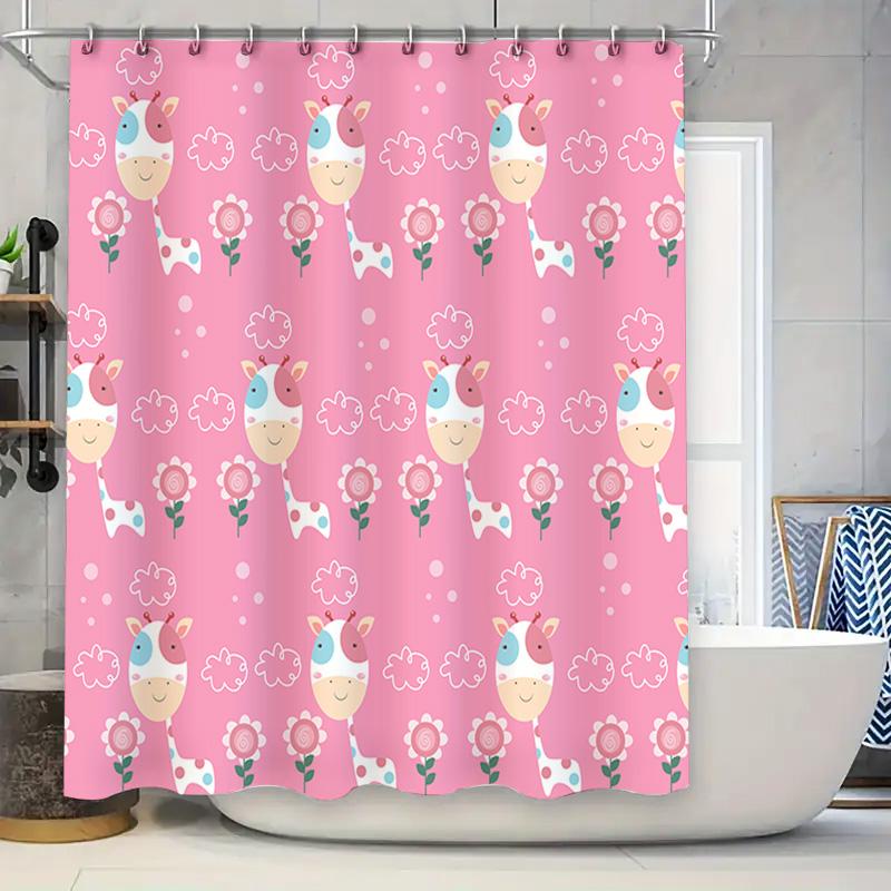 

Adorable Unicorn Flowers Print Shower Curtain For Kids Bathroom Decor Pink Color Fabric Shower Curtains With Hook Set Size: 72 X W60H190(CM)-1 Pcs
