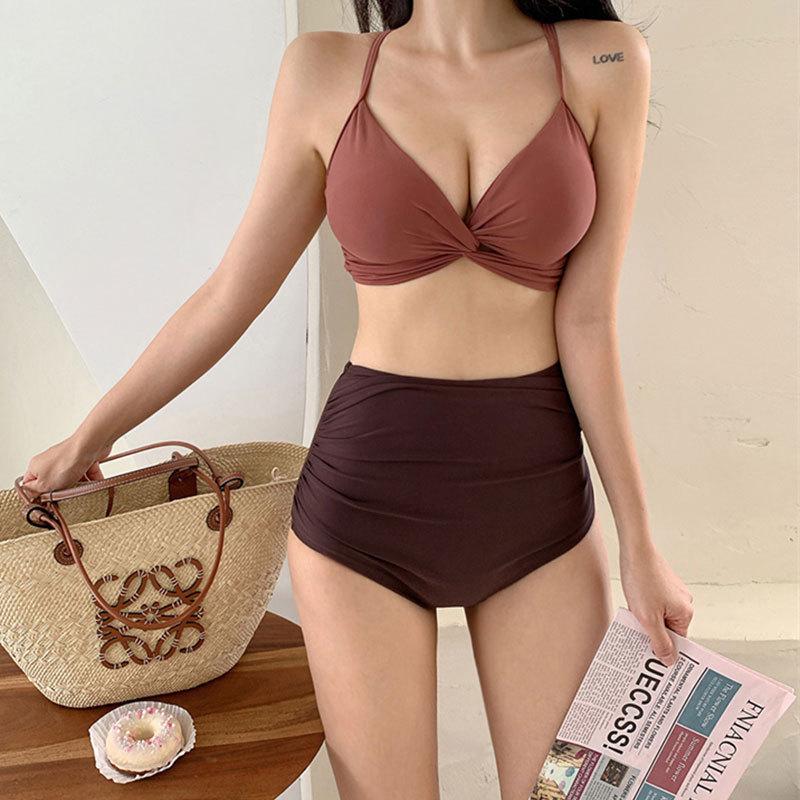 

Женский купальник-двойка в корейском стиле с высокой талией - Однотонный, милый дизайн для маленькой груди, модное бикини для горячих источников Extra Large кирпич красный/кофейный