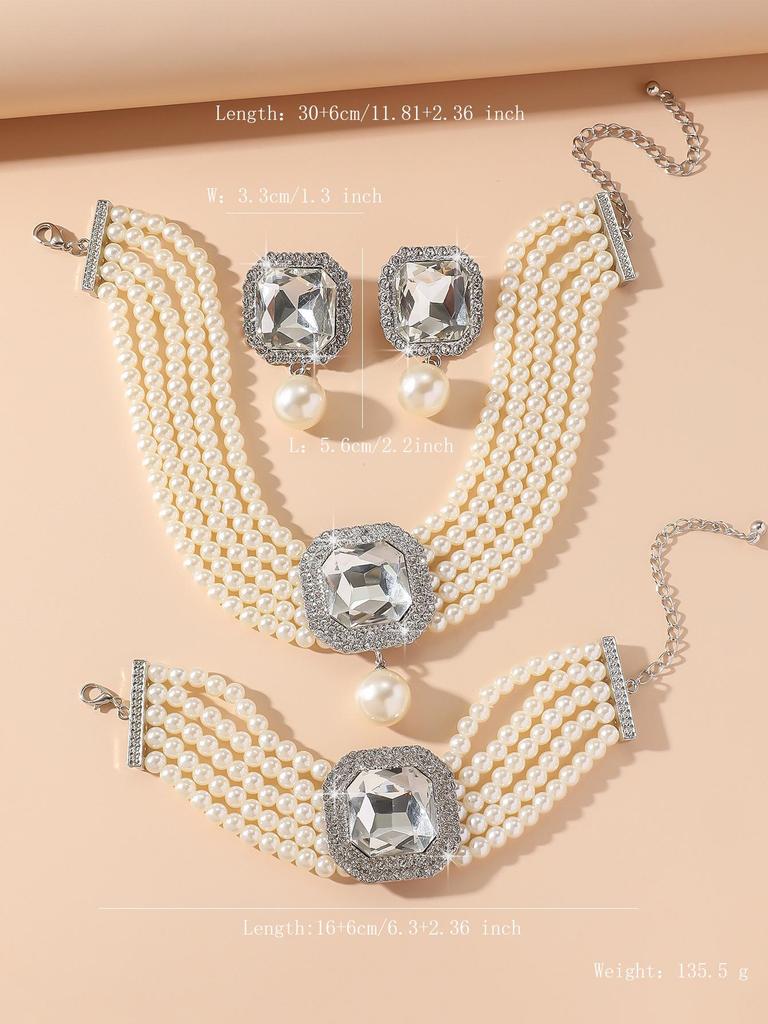 European Luxury Multi-Layer Faux Pearl & Crystal Jewelry Set – Necklace, Earrings, Bracelet - Colorful, Fashionable, and Exquisite Accessories