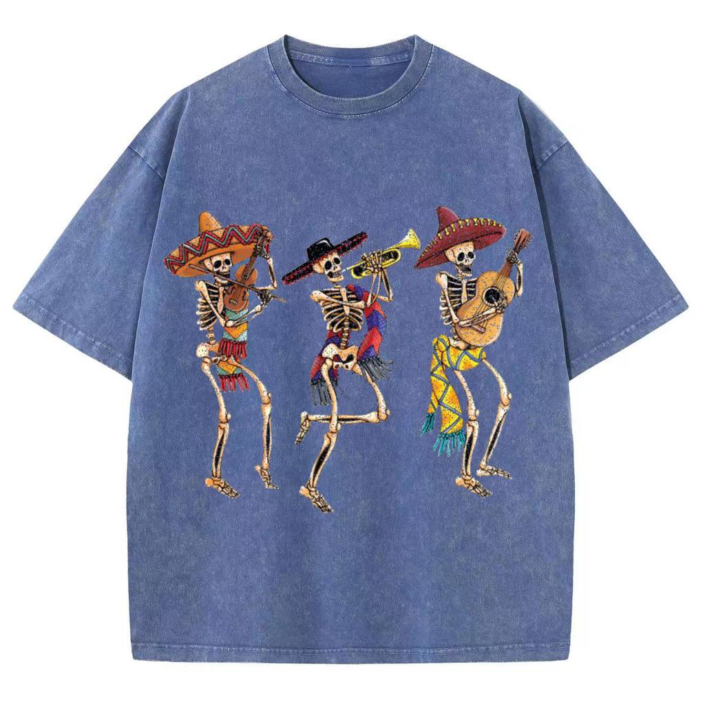 Musik Totenkopf Print Günstig Damen Waschen T-Shirt Locker Übergroß Paar Kurzarm Street Hip Hop Oberteil Teen T-Shirts